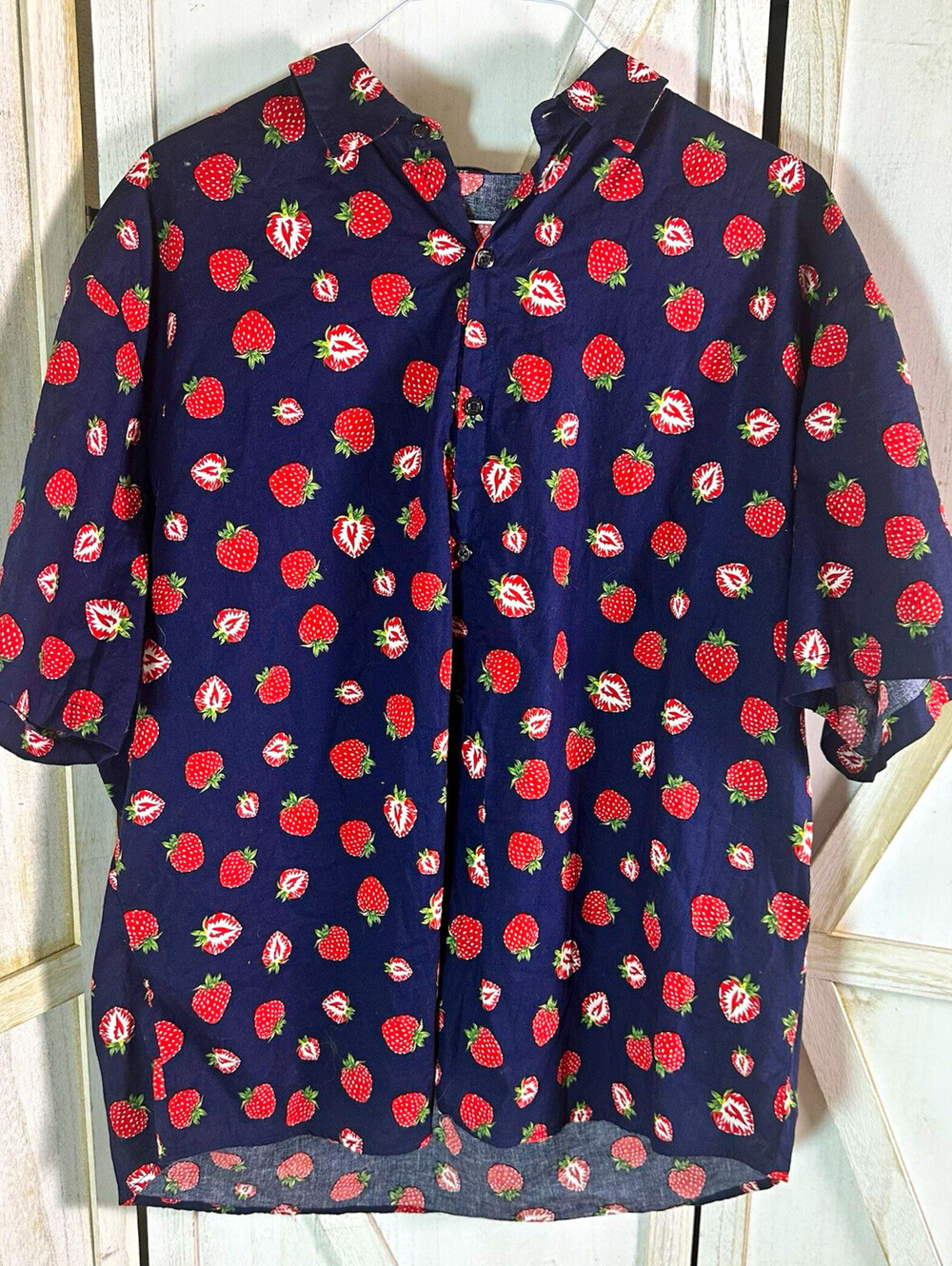 Men's Button-Up camp shirt strawberry party picnic Vaca Short Sleeve Cotton 2xl